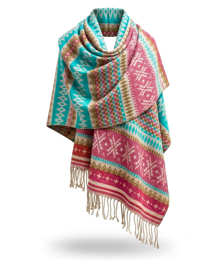 Awara Shawl - Wild Rose & Alpine Green