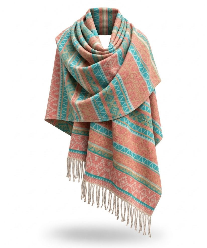 Awara Shawl - Coral Dusk & Aqua Sand